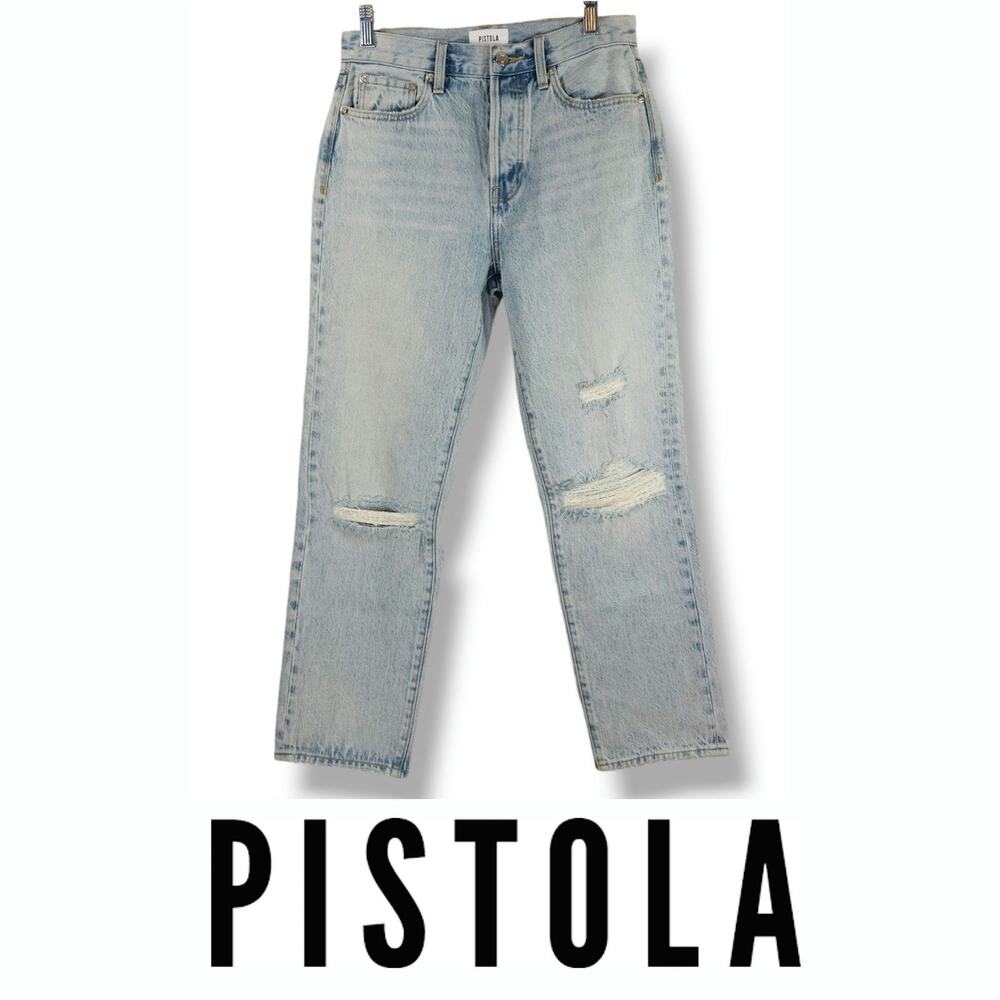 NWOT Pistola Charlie Distressed Button Fly‎ Straight Leg Jeans Sz. 26x27 Blue